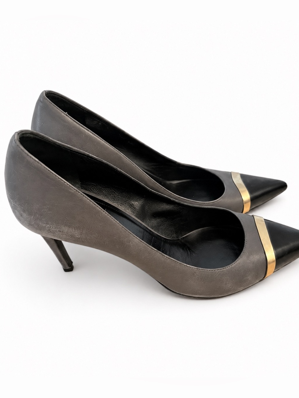Saint Laurent YSL Gray Black Leather Cap Toe Pumps Gold Trim EU 38 US 7.5 - Picture 3 of 7